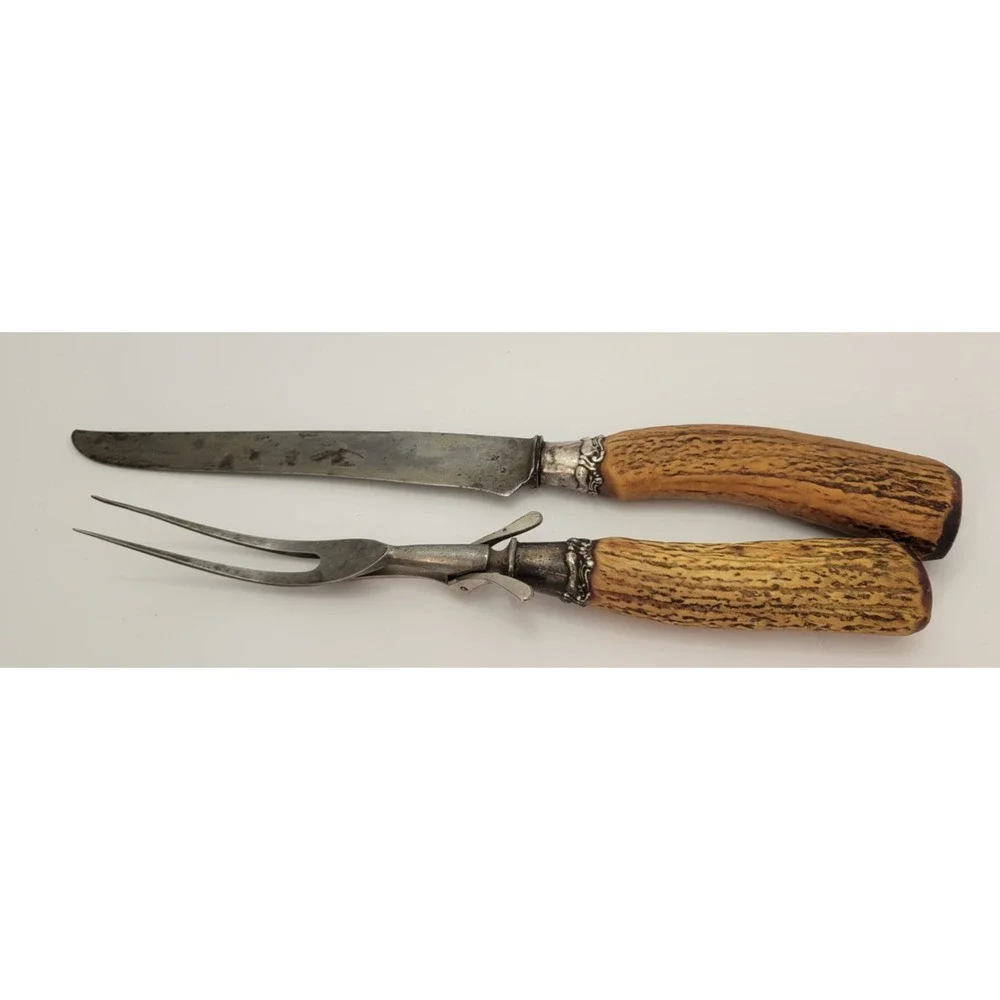 Antique Landers Frary Clark Stag Antler Carving Knife Fork Set Aetna Works